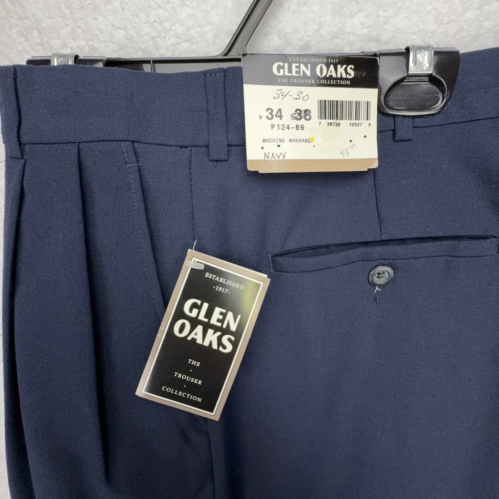 Glen Oaks Mens Navy Blue Pleated Dress Pants‎ 34x30 Dacron Polyester Wool Blend